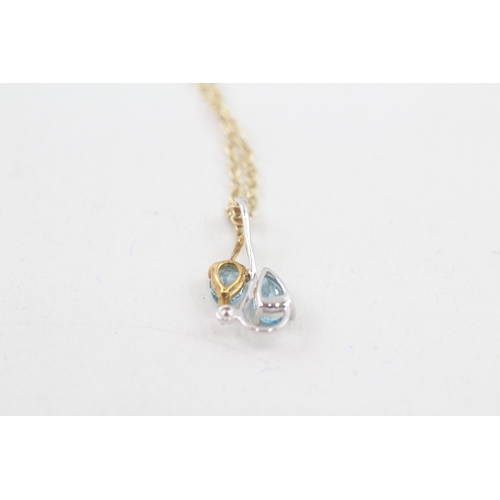 158 - 9ct gold pear cut blue topaz & diamond pendant necklace (2.4g)