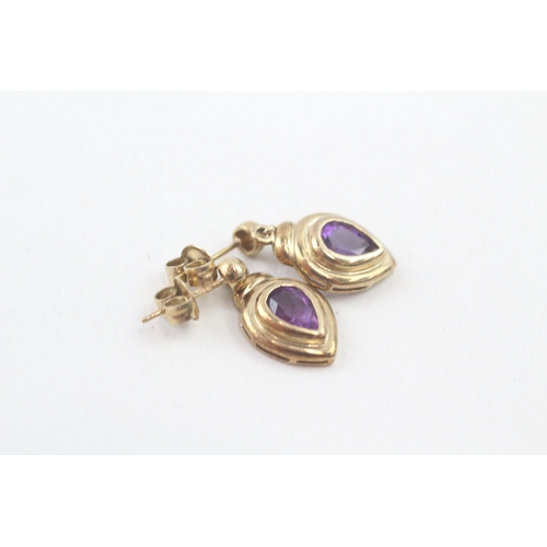 173 - 9ct gold amethyst drop earrings (2.5g)