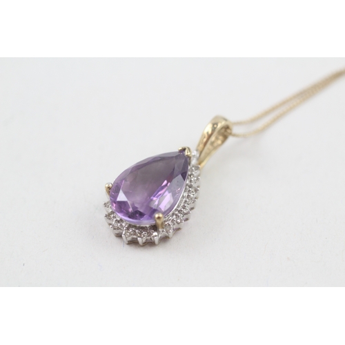 183 - 9ct gold pear cut amethyst & diamond cluster pendant necklace (4.3g)