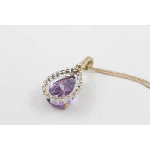 183 - 9ct gold pear cut amethyst & diamond cluster pendant necklace (4.3g)