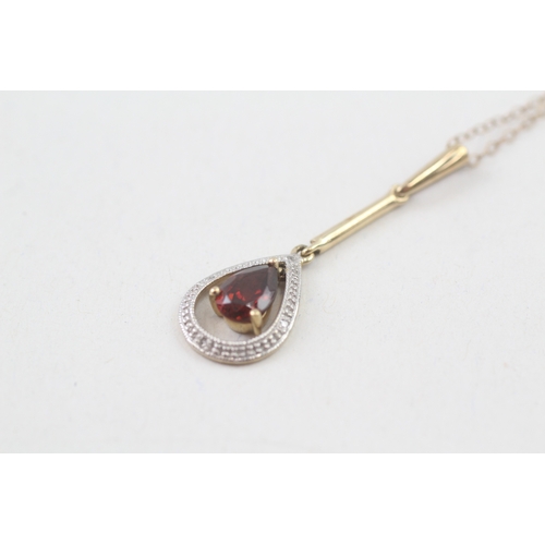 186 - 9ct gold pear cut garnet & diamond drop necklace (2.1g)