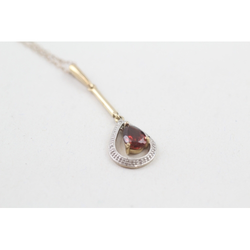 186 - 9ct gold pear cut garnet & diamond drop necklace (2.1g)