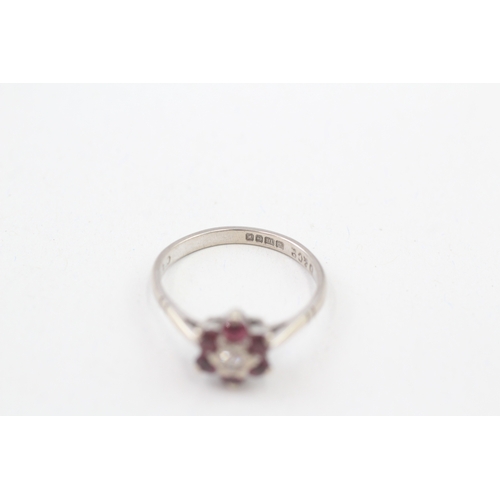 205 - 18ct gold diamond & ruby floral cluster ring (2.8g) Size  M