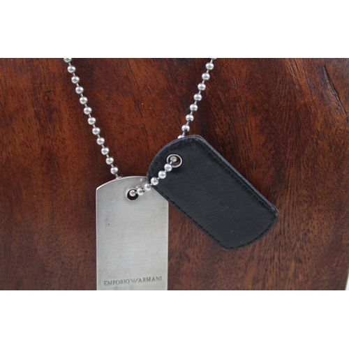 273 - Silver and leather dog tags on ball link chain by designer Emporio Armani