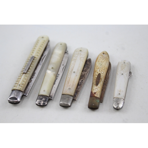 295 - 5 x Antique Hallmarked .925 Sterling Silver Fruit Knives w/ MOP Handles (92g)