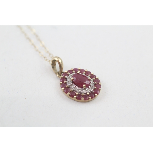 30 - 9ct gold ruby & diamond cluster pendant necklace (1.9g)