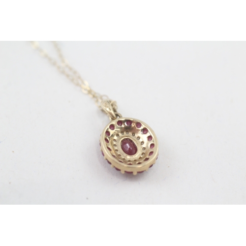 30 - 9ct gold ruby & diamond cluster pendant necklace (1.9g)