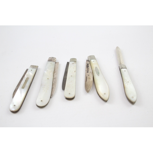 309 - 5 x Antique Hallmarked .925 Sterling Silver Fruit Knives w/ MOP Handles (74g)