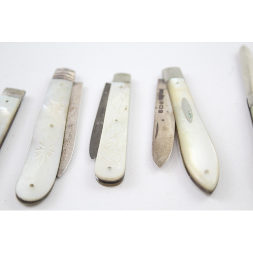 309 - 5 x Antique Hallmarked .925 Sterling Silver Fruit Knives w/ MOP Handles (74g)