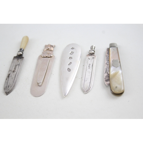 327 - 5 x Antique / Vintage .925 Sterling Silver Bookmarks & MOP Fruit Knife (78g)