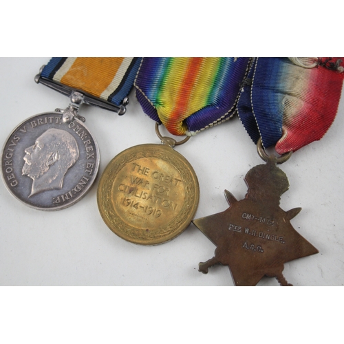 341 - WW1 1914 Mons Star Medal Trio Named CMT-1472 Pte Dingle ASC, Sjt On Pair