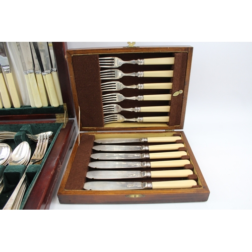 353 - Vintage Cutlery Sets Elkington Parkin Stainless & Fish Set Wooden Canteen x 2