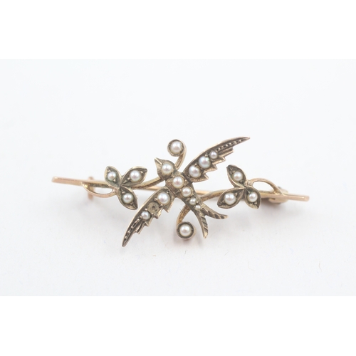 52 - 9ct gold antique seed pearl swallow bar brooch (2.9g)