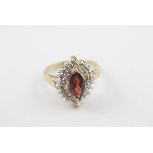 58 - 9ct gold garnet and diamond marquise halo dress ring (3.6g) Size  N