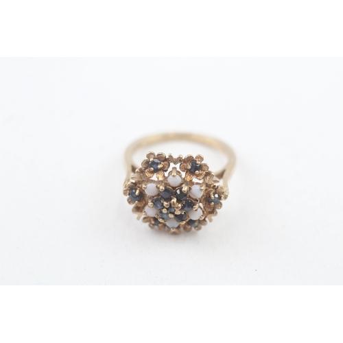 60 - 9ct gold vintage opal and sapphire floral cluster cocktail ring (3.5g) Size  L