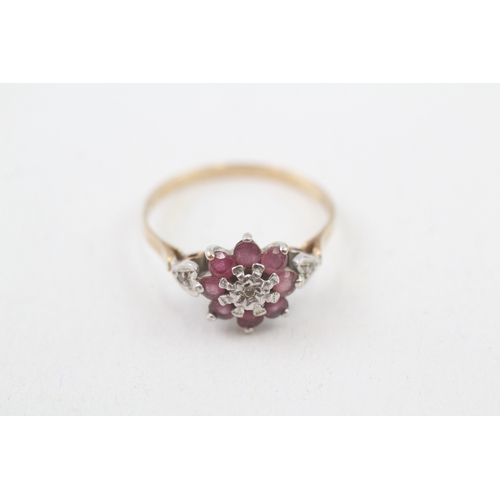 88 - 9ct gold ruby and diamond floral cluster dress ring (2g) Size  Q