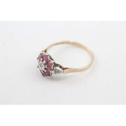 88 - 9ct gold ruby and diamond floral cluster dress ring (2g) Size  Q