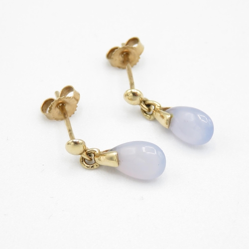 220 - 9ct gold blue gemstone drop earrings with scroll backs (1.2g)