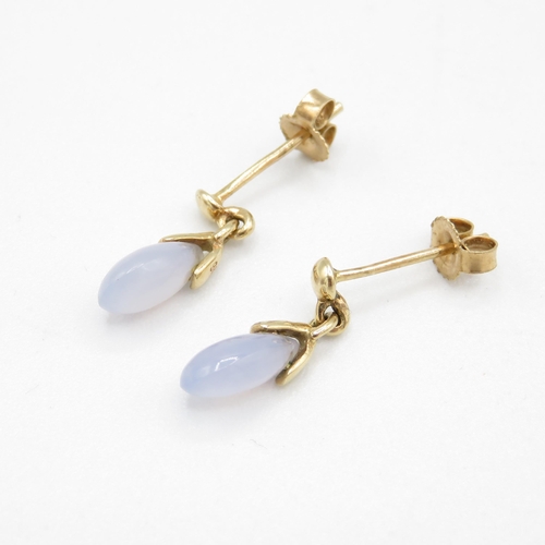 220 - 9ct gold blue gemstone drop earrings with scroll backs (1.2g)