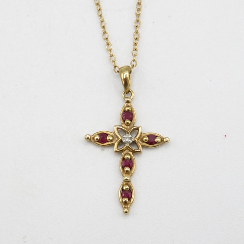 236 - 9ct gold ruby and diamond cross pendant with chain 2g