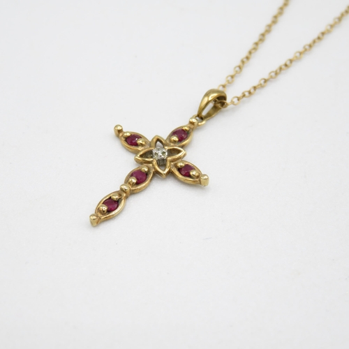 236 - 9ct gold ruby and diamond cross pendant with chain 2g