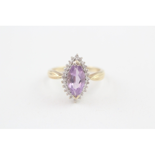 103 - 9ct gold marquise cut amethyst & diamond dress ring, claw set (3g) Size  O