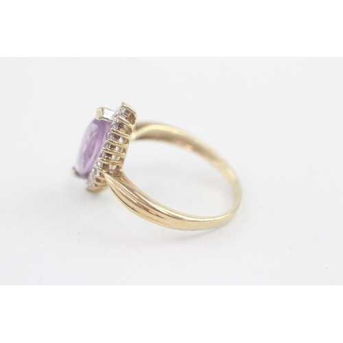 103 - 9ct gold marquise cut amethyst & diamond dress ring, claw set (3g) Size  O