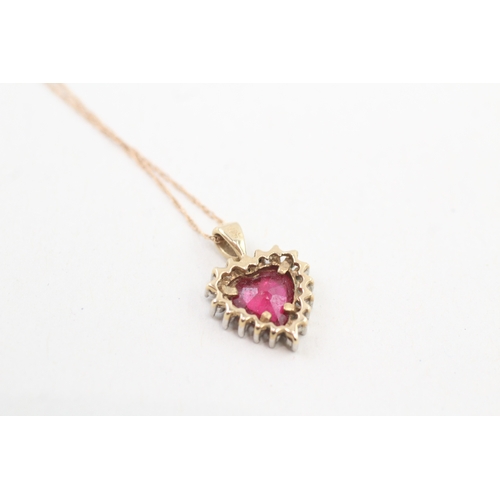 11 - 9ct gold red gemstone & diamond heart shape pendant necklace (1.7g)