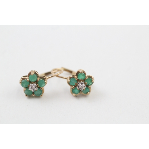 12 - 9ct gold emerald & diamond drop earrings (1.6g)