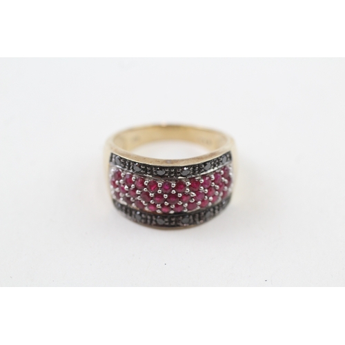 14 - 9ct gold parve set ruby & black gemstone dress ring (5.1g) Size  Q