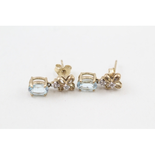 17 - 9ct gold blue topaz & diamond floral drop earrings with scroll backs (2.4g)