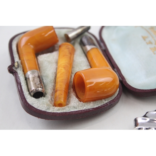 403 - 3 x Antique .800 & .925 Sterling Silver Tobacciana Inc Amber, Victorian Etc 73g