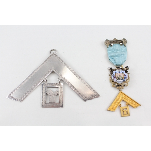 436 - Sterling Silver Masonic Past Master Jewels Inc Bonaccord Lodge & Collar 104g x 2