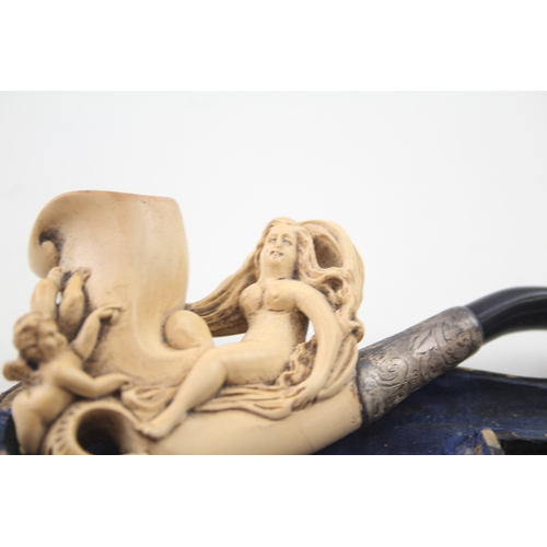 455 - Antique Cased Meerschaum Estate Pipe Nude Maiden & Putti On Cornucopia