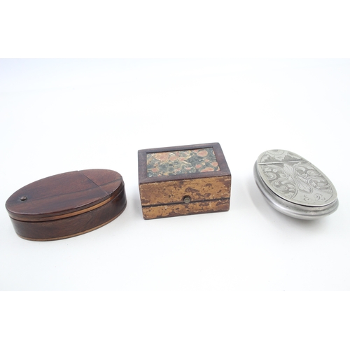 463 - 19th Century Snuff / Trinket Boxes Inc. Oval Engraved White Metal & Treen x 3