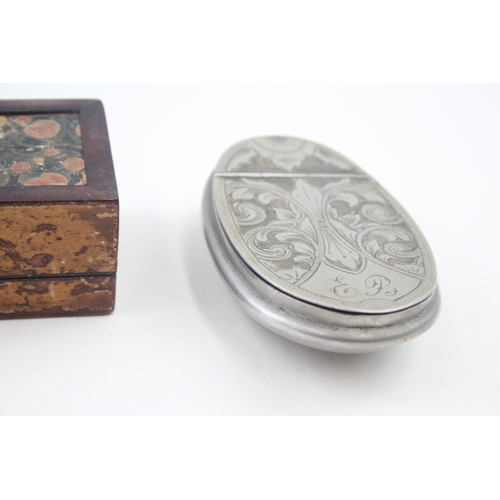 463 - 19th Century Snuff / Trinket Boxes Inc. Oval Engraved White Metal & Treen x 3