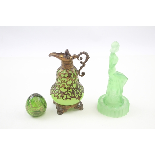 467 - Green Glassware Inc. Uranium Perfume Bottle, Faberge Egg & Figural Flower Frog