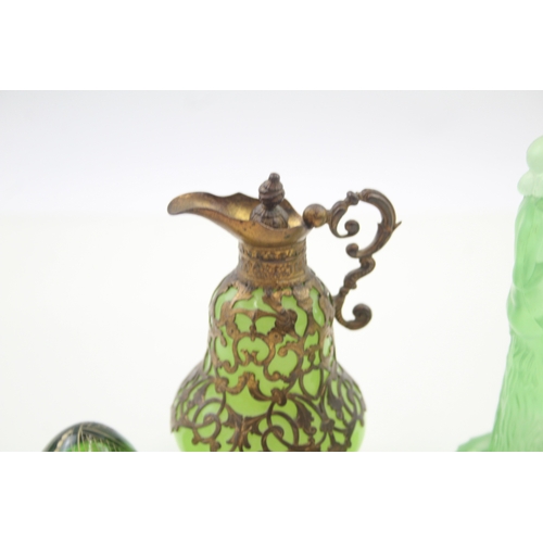 467 - Green Glassware Inc. Uranium Perfume Bottle, Faberge Egg & Figural Flower Frog