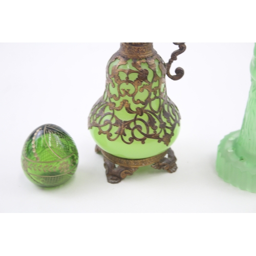 467 - Green Glassware Inc. Uranium Perfume Bottle, Faberge Egg & Figural Flower Frog