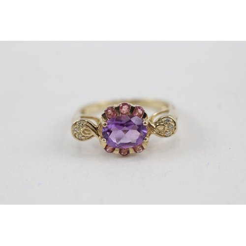 55 - 9ct gold amethyst, diamond & tourmaline dress ring (2.9g) Size  N