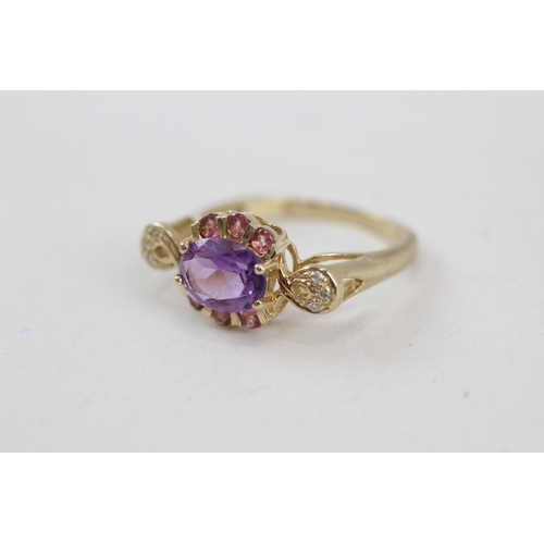 55 - 9ct gold amethyst, diamond & tourmaline dress ring (2.9g) Size  N