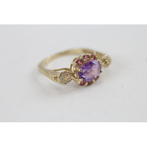 55 - 9ct gold amethyst, diamond & tourmaline dress ring (2.9g) Size  N