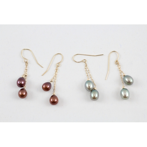 62 - 2x 14ct gold vari-hue cultured pearl drop earrings (3.4g)