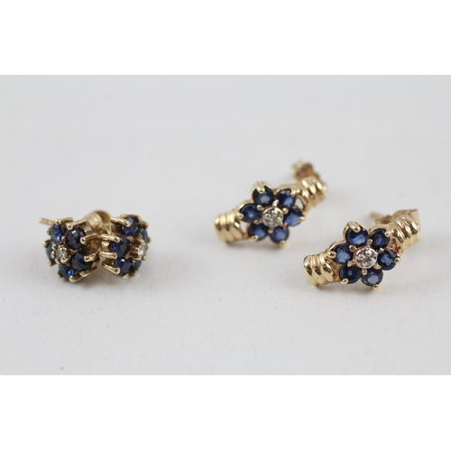 64 - 2x 9ct gold sapphire & diamond earrings with scroll backs (2.9g)