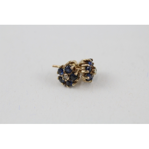 64 - 2x 9ct gold sapphire & diamond earrings with scroll backs (2.9g)