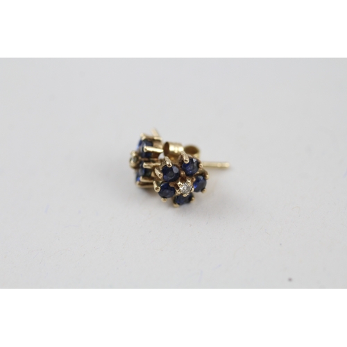 64 - 2x 9ct gold sapphire & diamond earrings with scroll backs (2.9g)