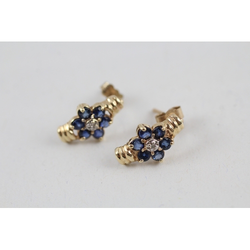 64 - 2x 9ct gold sapphire & diamond earrings with scroll backs (2.9g)