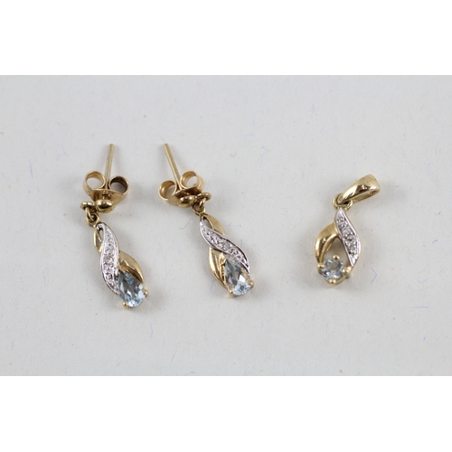 66 - 2x 9ct gold blue topaz & diamond pendant & earrings set (1.7g)