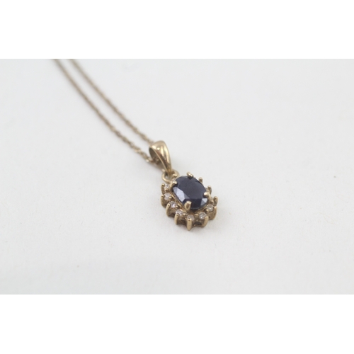 89 - 9ct gold sapphire & diamond cluster pendant necklace (1.4g)