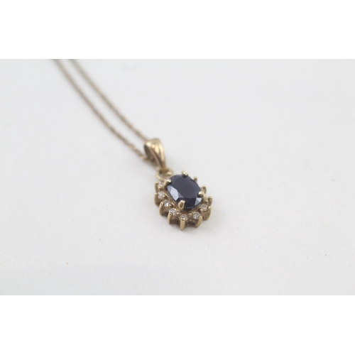 89 - 9ct gold sapphire & diamond cluster pendant necklace (1.4g)